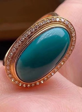 高瓷蛋面仿绿松戒指女款镀18K金镶嵌指环高级感高端开口可调节