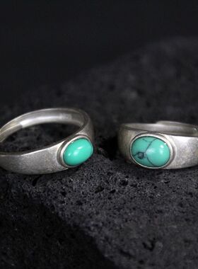 镀S925银手工制作情侣对戒光面镶嵌绿松石戒指复古民族风活口指环