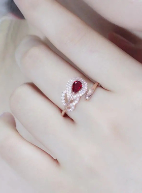 奢华纯银紫金红色大气风羽毛戒指