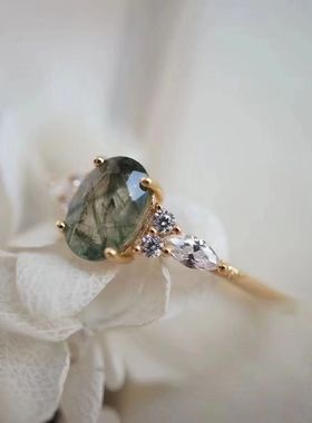 新款绿发晶钻石戒指镀18K金镶嵌马眼钻石指环森系小清新文艺戒指