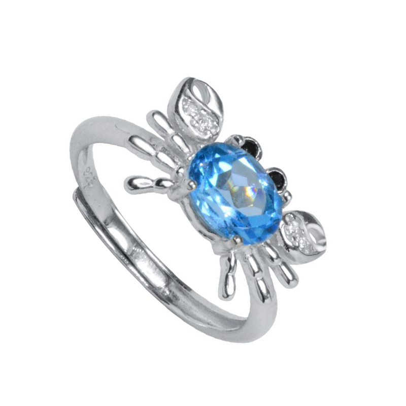 海蓝色托帕石水晶戒指女S925银镀铂金小螃蟹个性简约送女友指环 - 图3