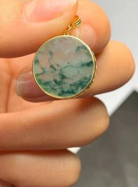 中式国风飘花玉髓吊坠圆牌无事牌镀18K金镶嵌项链 复古优雅气质女