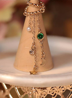 祖母绿珠子戒指镀S925银日式轻奢