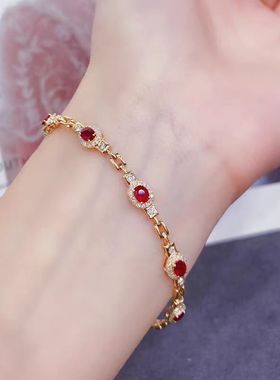 新款鸽血红宝石手链女镀18K金镶嵌锆石轻奢复古宫廷风链条手饰