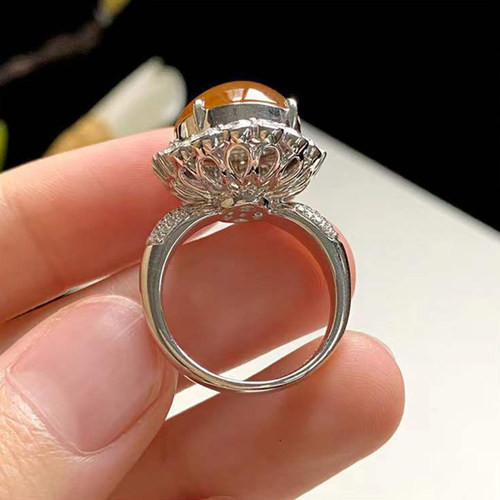 天然缅甸老坑a货翡翠冰种蜜糖黄玉髓大蛋面满天星超闪925银戒指女 - 图1