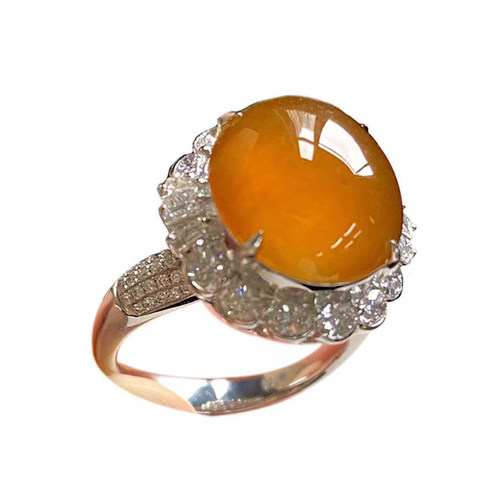 天然缅甸老坑a货翡翠冰种蜜糖黄玉髓大蛋面满天星超闪925银戒指女 - 图3