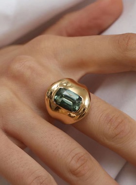 绿碧玺厚金复古戒指时尚简约个性百搭气质高颜值指环小众精致