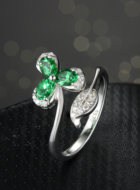 祖母绿三叶草S925纯银轻奢戒指