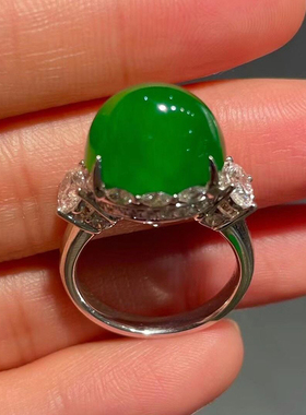 天然玉髓老坑高冰帝王绿饱满蛋面阳绿戒指女镀S925银复古气质指环