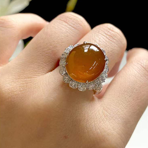 天然缅甸老坑a货翡翠冰种蜜糖黄玉髓大蛋面满天星超闪925银戒指女 - 图2