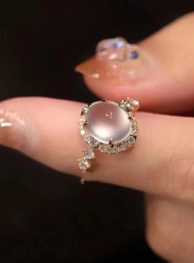 欧式风白冰蛋面玉髓戒指镀18K斤镶嵌指环女士高级感显白显气质