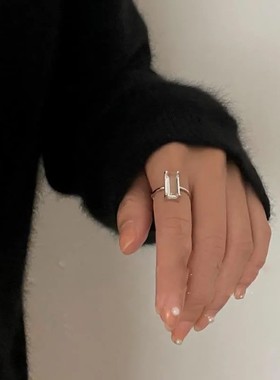 新款日韩几何透明石英石玻璃水晶石戒指女s925银开口可调节指环潮