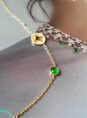 天然玉髓s925银镀18K金铜钱金币招财进宝镶玉髓强荧光绿蛋手链女