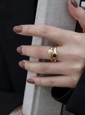 仿珍珠黑玛瑙钻法式女款冷淡风戒指小众设计百搭食指环开口可调节