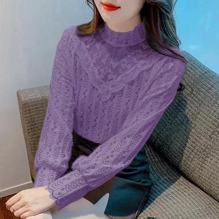 加绒加厚秋冬新款衬衫女蕾丝打底衫洋气内搭小衫时尚显瘦百搭上衣 - 图1