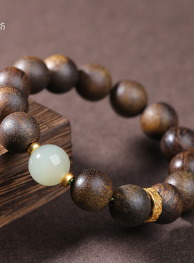 和田玉沉香木佛珠手链原创情侣
