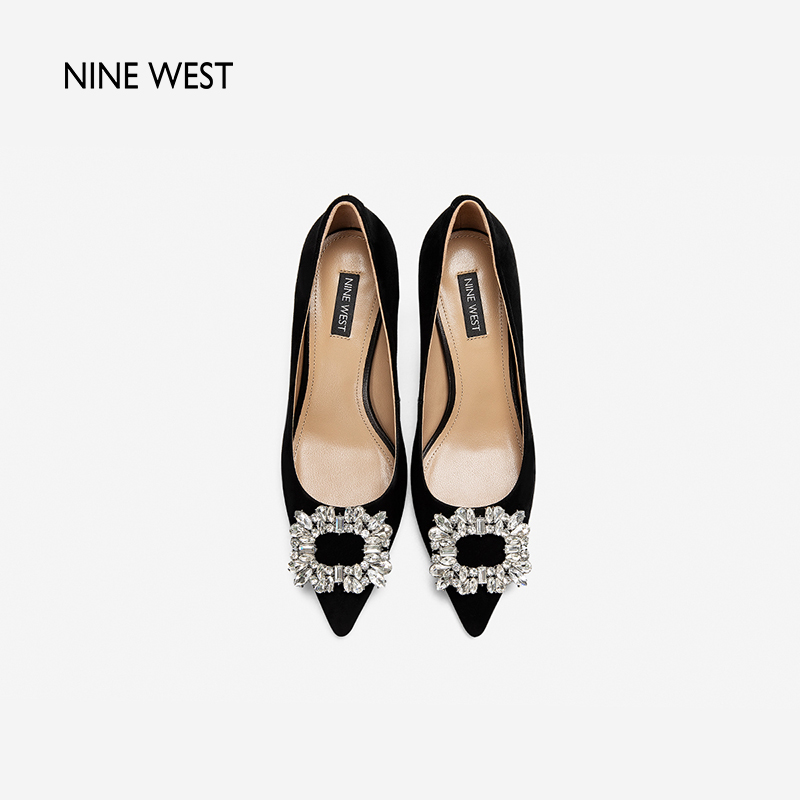 Nine West/玖熙高跟鞋女春季新款方扣闪钻优雅羊反绒通勤单鞋浅口