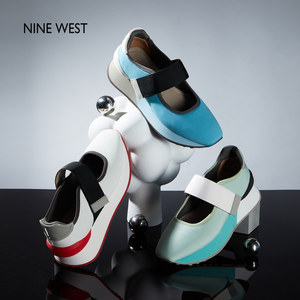 Nine West/玖熙新款圆头撞色厚底休闲鞋女魔术贴运动时尚鞋透气