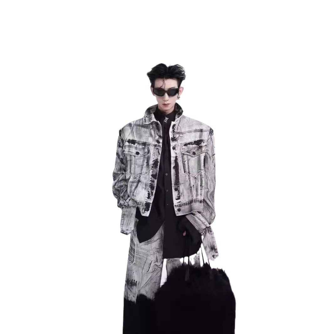 秋冬高级感ins扎染做旧风牛仔夹克套装宽松直筒百搭阔腿长裤潮ins,淘宝优惠券,粉丝福利购,淘宝优惠卷