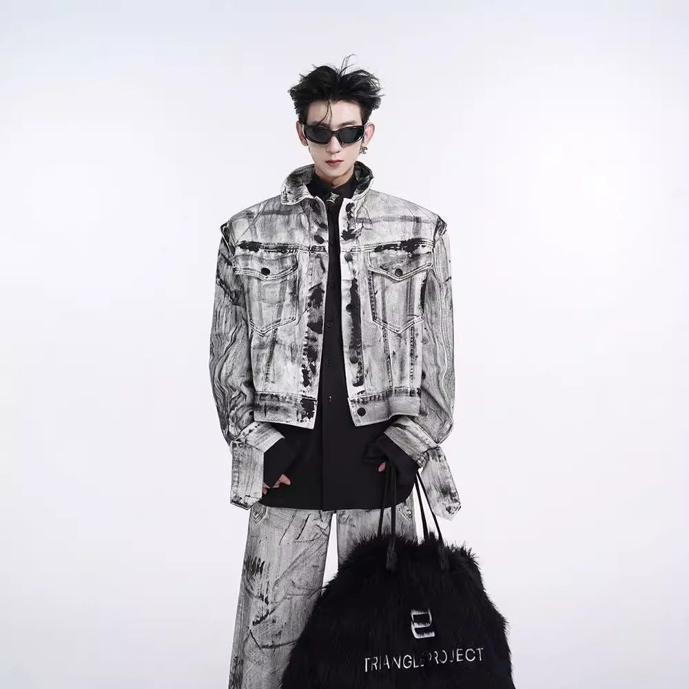 秋冬高级感ins扎染做旧风牛仔夹克套装宽松直筒百搭阔腿长裤潮ins,淘宝优惠券,粉丝福利购,淘宝优惠卷