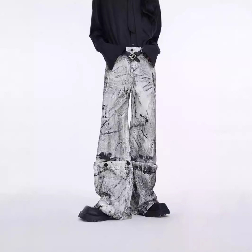 秋冬高级感ins扎染做旧风牛仔夹克套装宽松直筒百搭阔腿长裤潮ins,淘宝优惠券,粉丝福利购,淘宝优惠卷