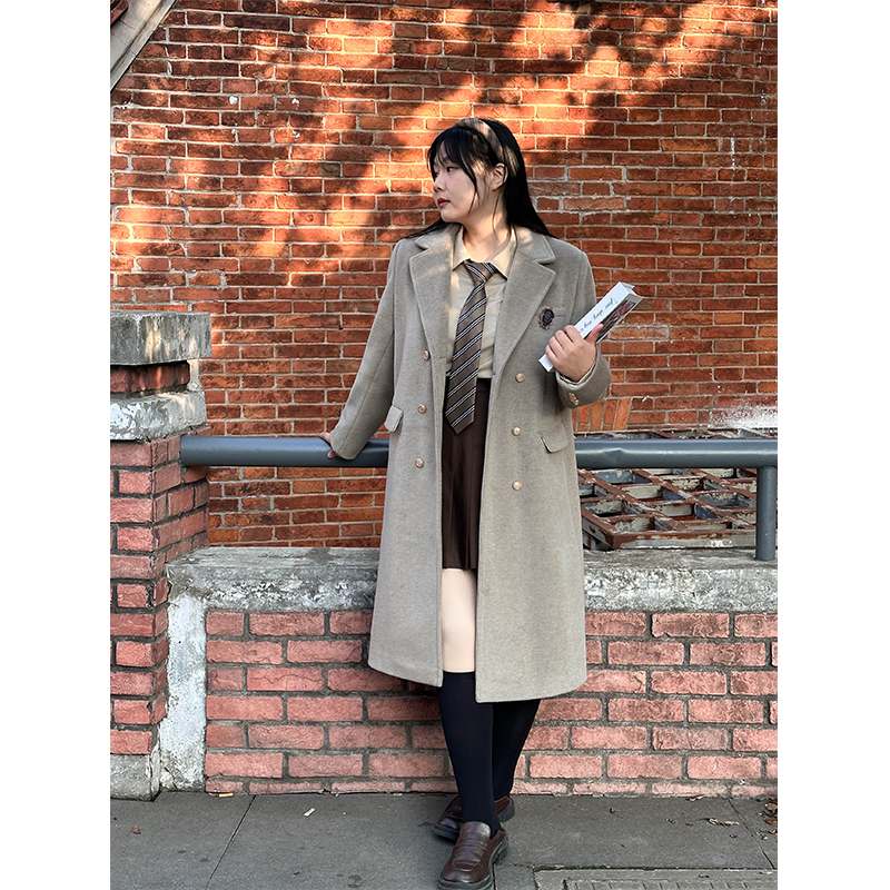阿车家的大码jk原创中长款学院风双排扣大衣女秋冬胖mm毛呢外套,淘宝优惠券,粉丝福利购,淘宝优惠卷