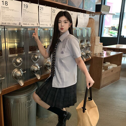 阿车家的大码jk原创胖mm衬衫百搭日系短长袖衬衣百褶裙学院风套装 - 图1