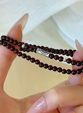 普陀山文创集天然双圈小鱼石榴石手串S925银手炼情侣生日送礼物