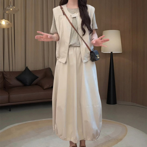韩系简约时尚三件套女春夏季慵懒风宽松显瘦T恤马甲半身裙套装潮 - 图3