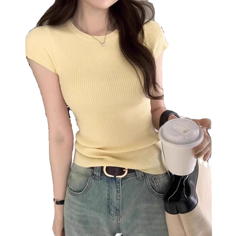 奶黄色冰丝针织短袖T恤女薄款夏天韩系穿搭修身圆领体恤显瘦上衣-图3