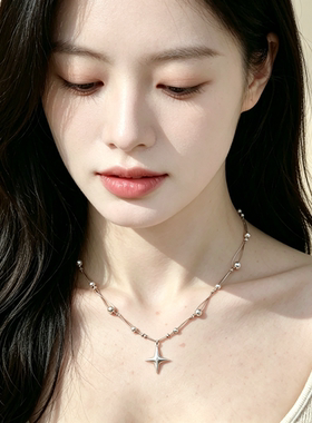 银色四芒星双层串珠锁骨链女新款