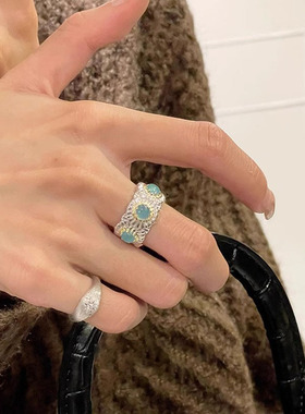 拉丝宽面仿蓝宝石戒指女小众设计