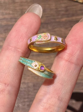 中式民族风珐琅彩色滴油印花戒指