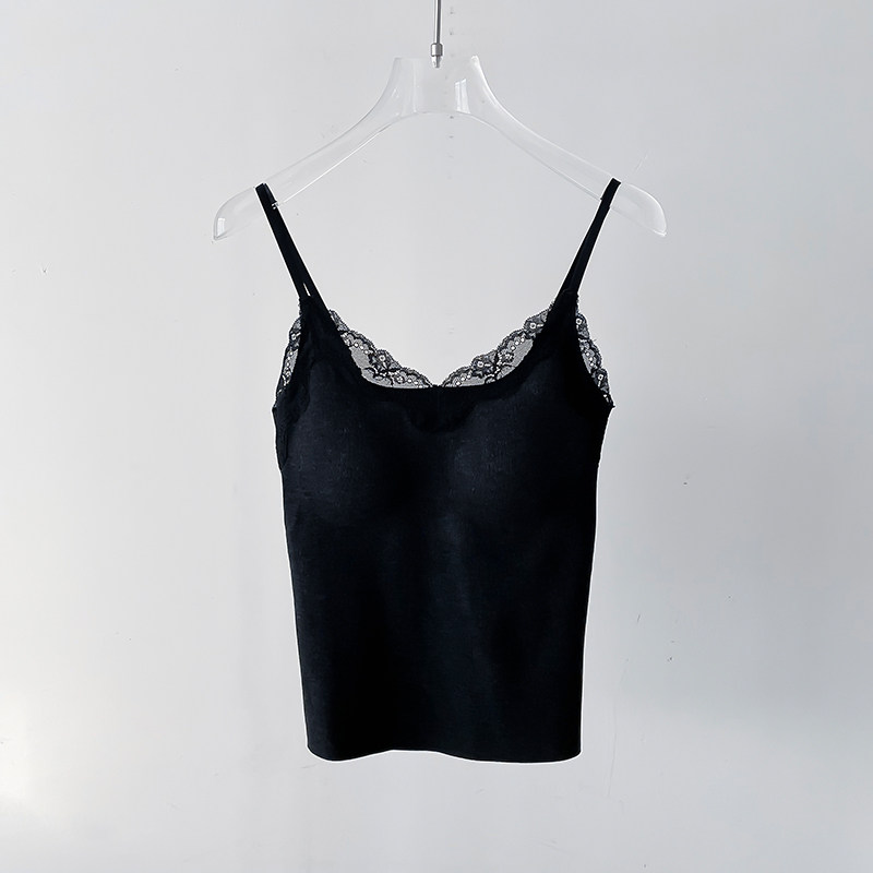 秋冬纯欲蕾丝V领保暖吊带背心女磨毛带胸垫一体式内搭打底上衣,淘宝优惠券,粉丝福利购,淘宝优惠卷