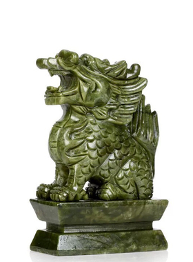 道家师傅南玉石绿色麒麟摆件一对