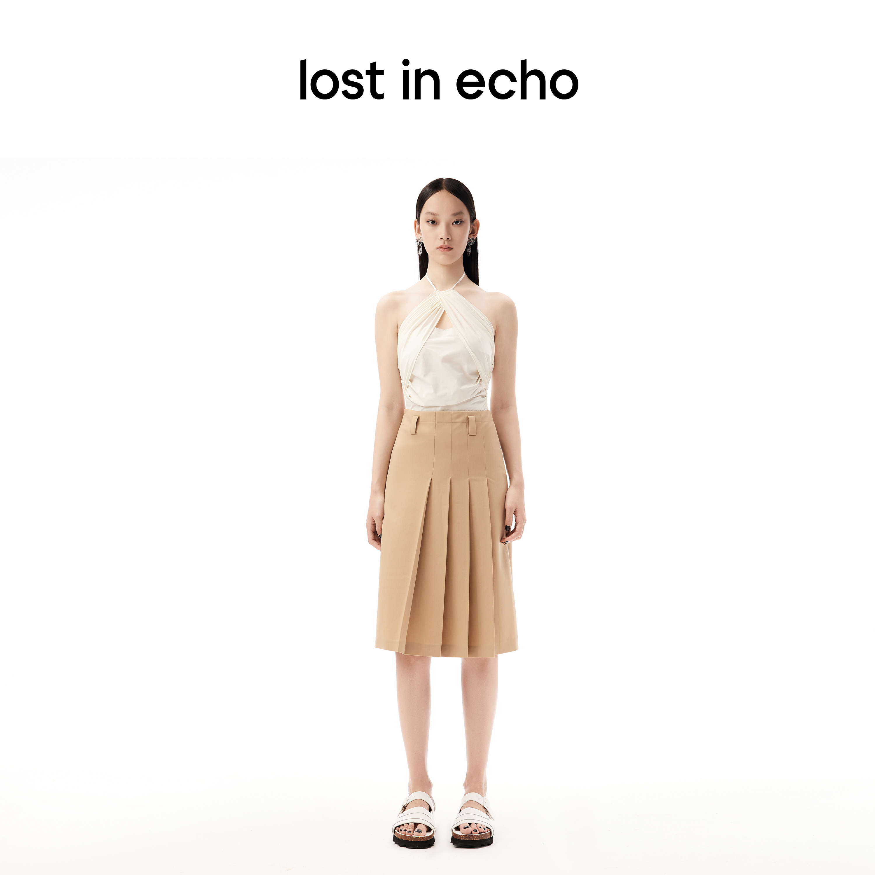 lost in echo设计师品牌胶囊系列露趾弹力鞋口扣带乐福平底凉鞋女 - 图1