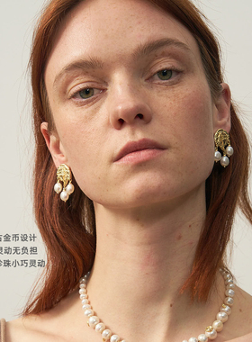 lostinecho金属贝壳珍珠短耳环