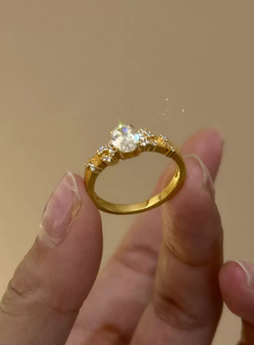 柏诗艾菲k金色拉丝工艺鸽子蛋925纯银镀金小众高级气质复古戒指