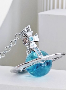 湖水蓝色银边立体土星项链