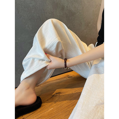 白色亚麻苎麻弯刀裤女夏季新款小个子老钱风薄款西装棉麻休闲裤子 - 图0