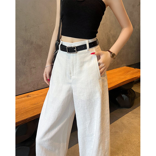 白色亚麻苎麻弯刀裤女夏季新款小个子老钱风薄款西装棉麻休闲裤子 - 图2