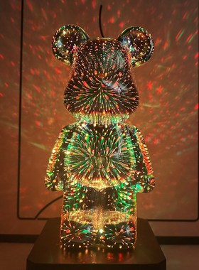 速发烟花熊意件七彩发光熊创摆蓝卧牙室装饰品送生生日礼物