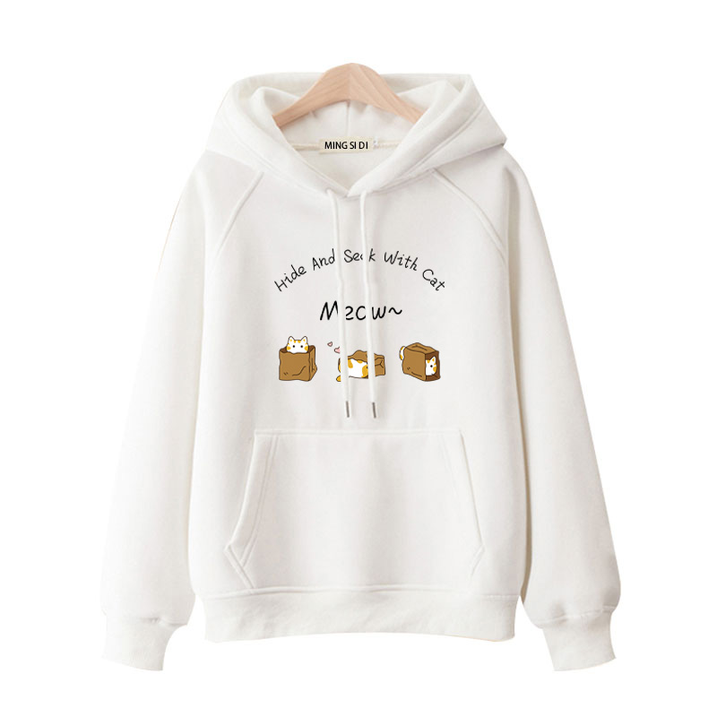 100%可爱猫咪字母加绒连帽卫衣女2025秋冬新款宽松加厚外套女 - 图0