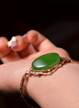 猫叔旗舰店和田玉精品金镶玉老坑冰底阳绿碧玉18k金镶手链女士