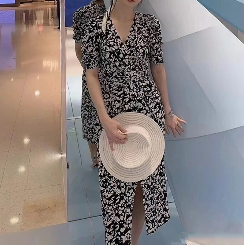 艾诺丝专柜正品2024夏通勤V领碎花开叉中长茶歇裙连衣裙40519057