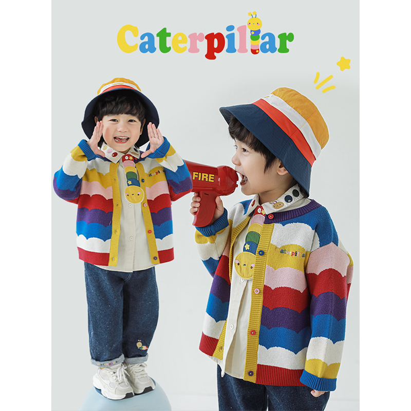 幼悠男童2024新款长袖毛衣衬衫无袖背心宽松牛仔裤彩虹系列套装潮 - 图0