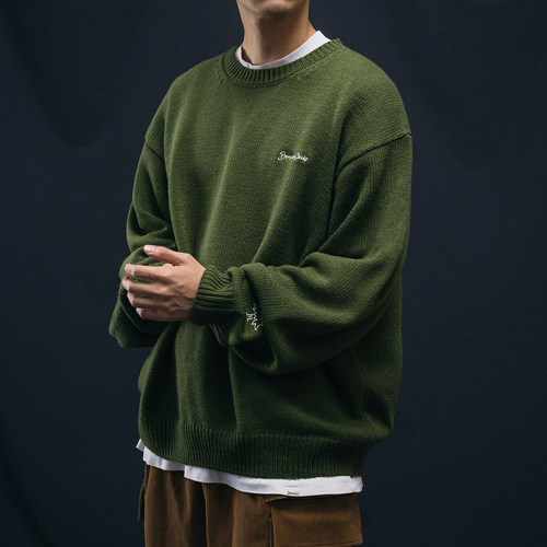 BananaClub 秋冬酒红色趣味刺绣休闲套头情侣限定针织衫毛衣 - 图0