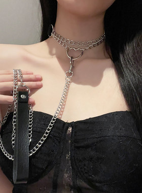 黑色爱心项圈女牵引绳链子颈带性感狗链锁骨链choker链条情侣脖圈