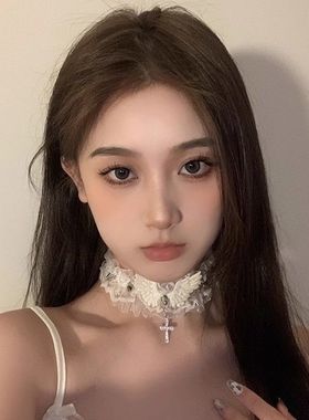 蕾丝个性翅膀choker设计众配饰高级颈环小项链项圈新款十字架女