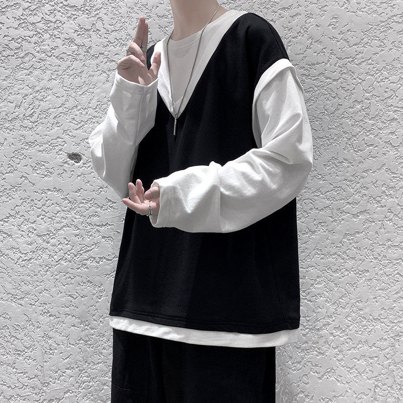 秋季假两件长袖t恤男潮ins卫衣 纯饰服饰T恤